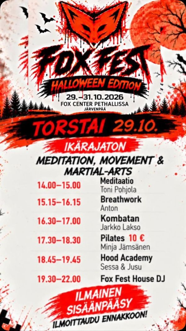 Torstai 29.10. ohjelma: meditaatio, breathwork, kombatan, pilates, Hood Academy ja DJ